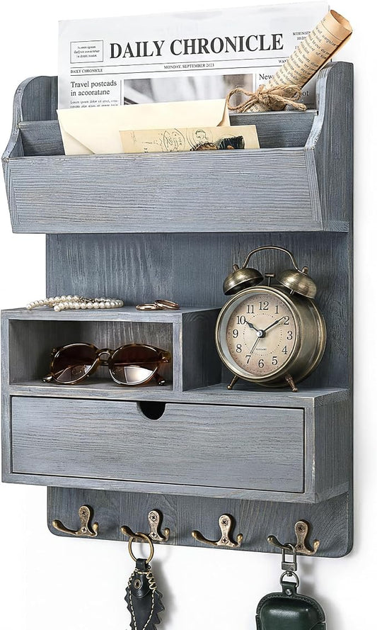 Rebee Vision Pine Wood Key Holder Wall Mount for Home Decor – Key Holder for Wall with Slanted Mail Slot Place the Magazine – Retro Mail Organizer for Apartment Essentials (Royal Blue)