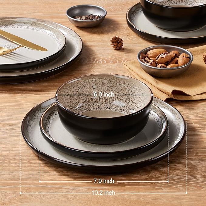 LIANYU Porcelain Dinnerware Sets, 12 Piece Ceramic Plates and Bowls for 4, Dishwasher & Microwave Safe Stoneware Dishes Set, Chip and Scratch Resistant Kitchen Dishware Set, Tidal Khaki