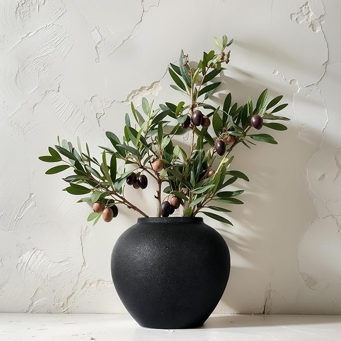 8.3″ Matte Black Ceramic Vase – Modern Rustic Decorative Vase for Pampas Grass, Flowers & Greenery – Small Round Table Centerpiece for Living Room, Entryway, Shelf Decor