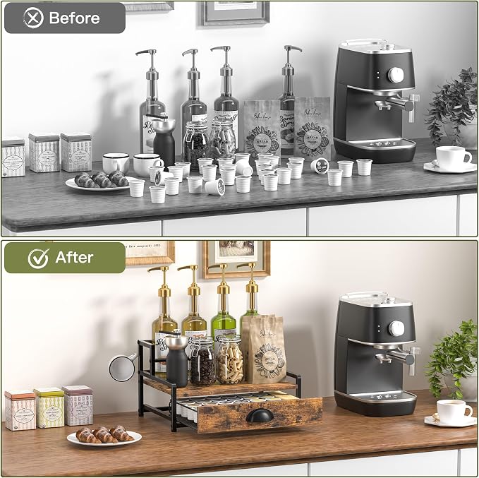 Coffee Syrup Rack Organizer, 2 Tier Countertop Storage Shelves with 35 K Cup Drawer, 8 Syrup Bottle Stand Holder for Wine, Kitchen Coffee Station Organizer Rack, Rustic Brown