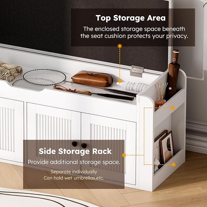 47.2" Storage Bench - Entryway Shoe Bench with Side Storage Shelves and 4 Doors, Multifunctional Entryway Bench with Lift Top Cushion, Shoe Storage Bench for Bedroom, Living Room, White
