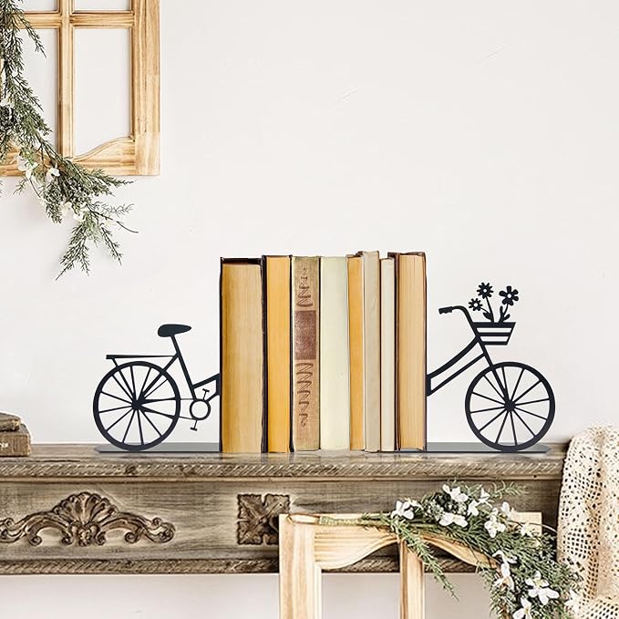 Bicycle Bookends Metal Bike Decor Bicycle Book Ends for Shelves Bookshelf Decorative Objects Home Office Desk Gifts for Family（Black）
