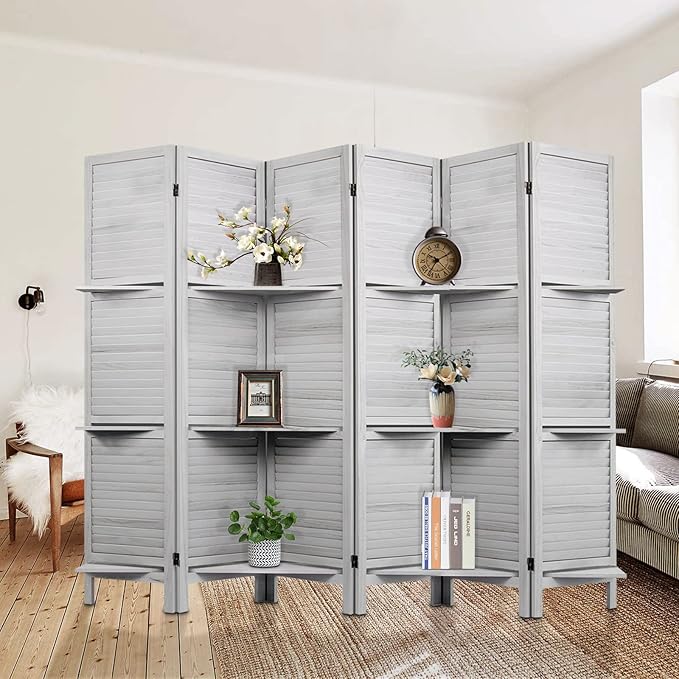 Room Divider with Shelves, Privacy Screen, Room Dividers and Folding Privacy Screens, 6 Panel Wood Temporary Wall Partition Separation Separator, Grey