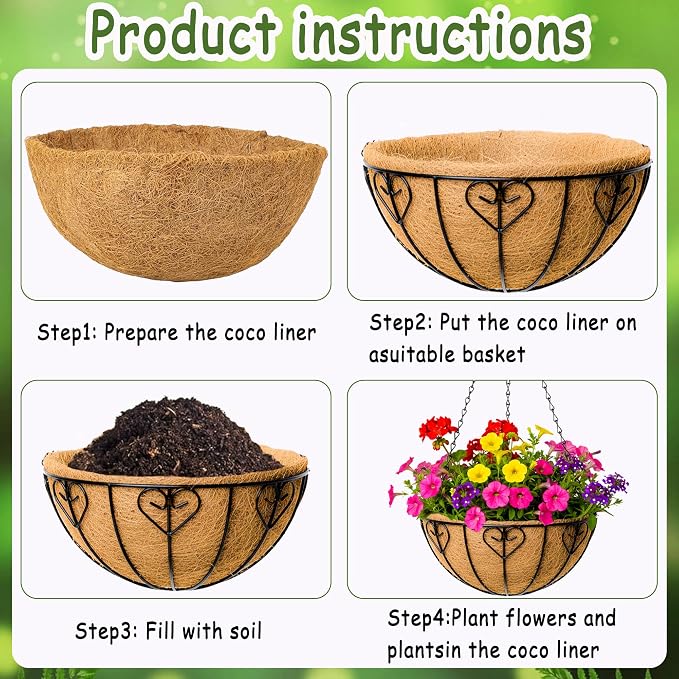 4pcs 14 inch Metal Hanging Baskets Round Wire Plant Stand with Coco Lining Cushion Decorative Planter Hanger Garden Indoor Outdoor Watering Hanging Basket （AX）