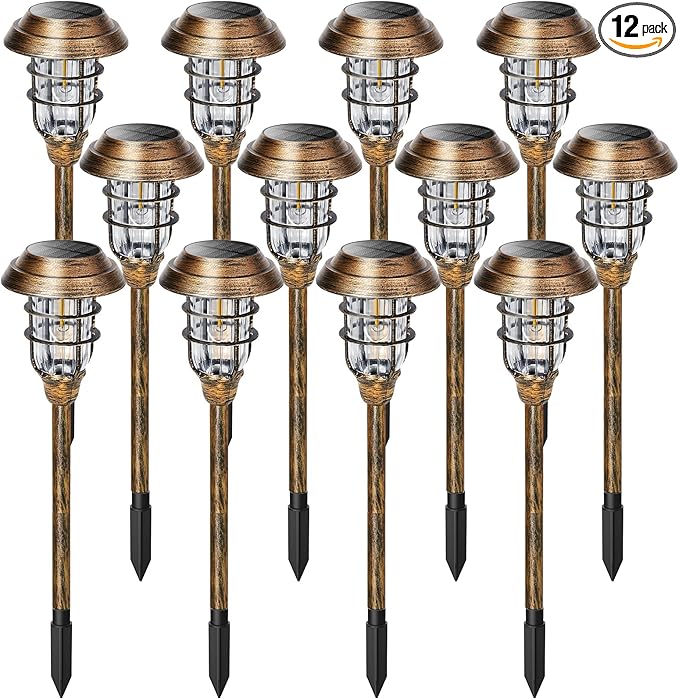 LETMY Solar Outdoor Lights, 12 Pack Bright Solar Pathway Lights Outdoor Waterproof, Up to 15 Hrs Auto On/Off Solar Garden Lights Outdoor Solar Lights for Yard Patio Walkway Driveway Pathway - Bronze