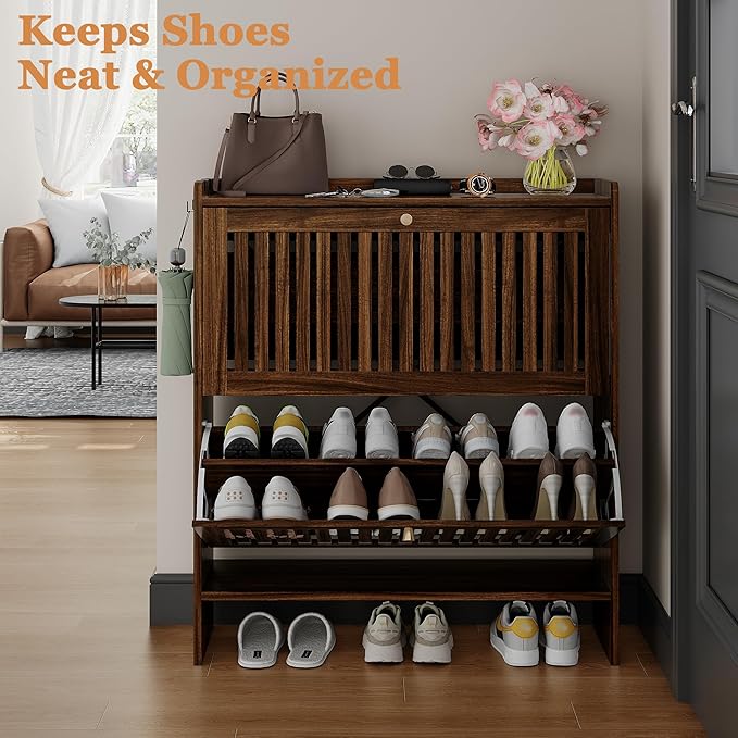 wanan 31.5" Shoe Cabinet with 2 Flip Slatted Drawers, Adjustable & Removable Panels, Narrow Shoe Cabinet Storage for Entryway, Hallway, Shoe Rack Organizer Cabinet, Light Oak