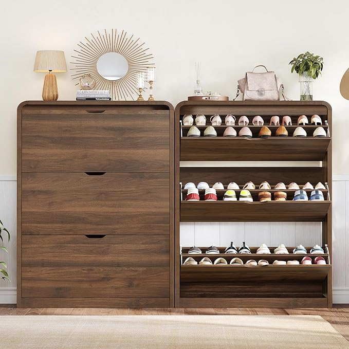 TEENFON Shoe Cabinet with 3 Flip Drawers & Adjustable Shelves, Narrow Freestanding Shoe Storage Cabinet for 18-27 Pairs, Hidden Slim Shoe Rack Cabinet for Entryway, Walnut