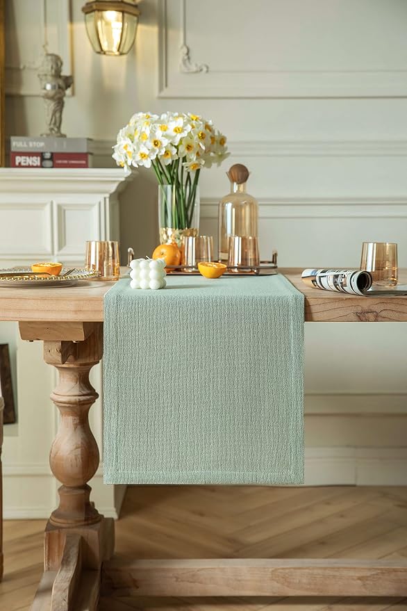 ZeeMart Burlap Style Farmhouse Table Runners 108 Inches Long, Sage Green Rustic Woven Dining Table Runner for Everyday Use, 14x108 Inches, Seafoam