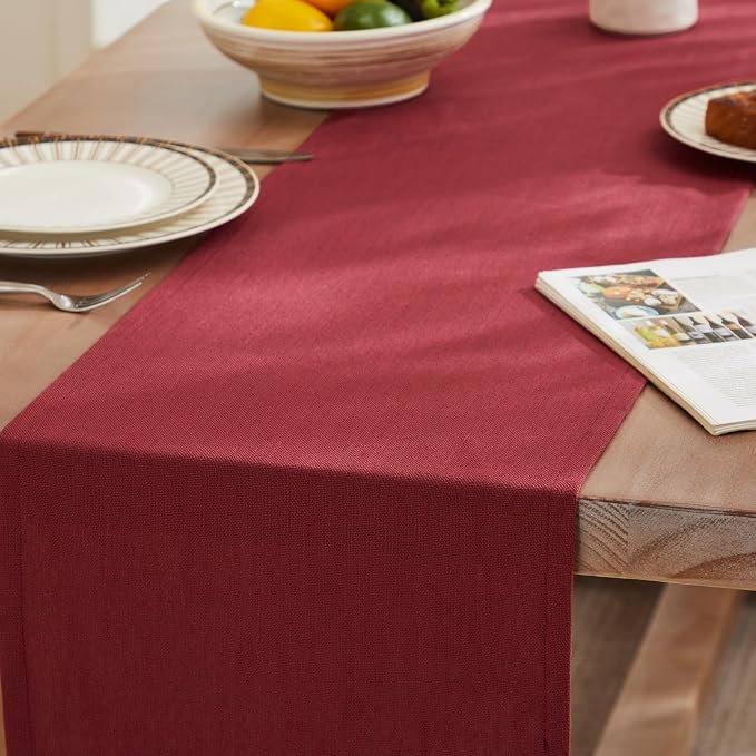 ZeeMart Rustic Cotton Linen Table Runner, 13x36 Inches Burgundy, Farmhouse Style Red Table Runners 36 Inches Long, Washable Kitchen Dining Table Decoration for Home Party Decor