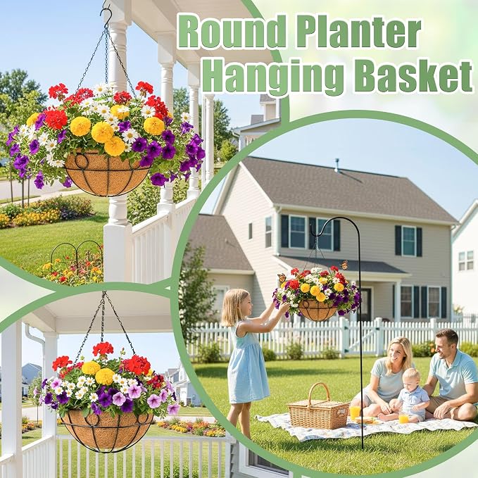 4 Pack 12 Inch Hanging Baskets for Plants Outdoor Metal Hanging Planters Round Hanging Flower Pots with Coco Coir Liner Plant Holder for Outdoor Patio Garden Balcony Decor - Circular