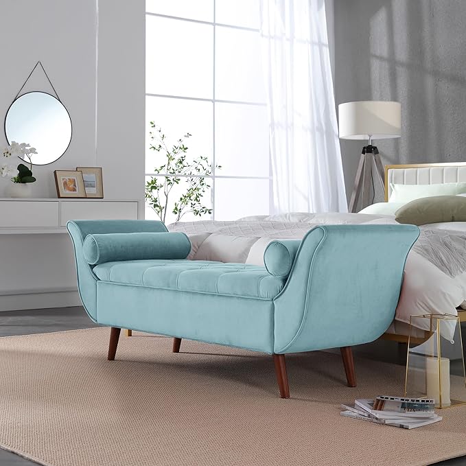 65" Velvet Storage Bench, Vintage Bed Bench with Storage Upholstered Rolled Armed Button Tufted Entryway Bench for Bedroom End of Bed, Living Room, Entryway, Hallway, Dressing Room (Blue)