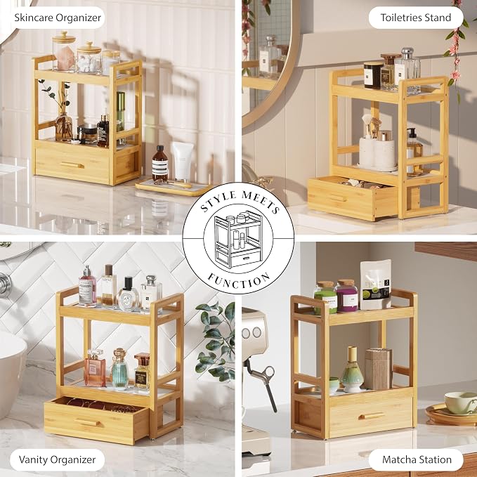 Bamboo Bathroom Countertop Organizer, 2 Tier Vanity Organizer with Drawer for Skincare & Makeup, Countertop Storage with Stone Drying Mat for Coffee Bar, Kitchen, Matcha Station