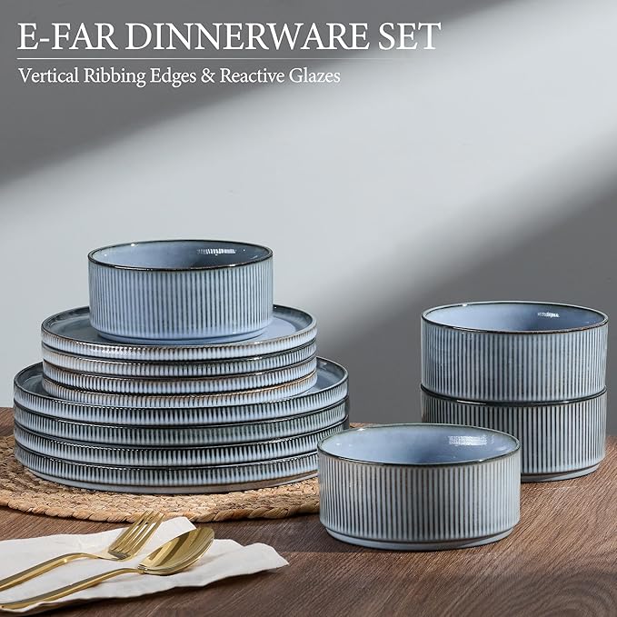 E-far 24-Piece Stoneware Dinnerware Sets, Plates and Bowls Sets for 8, Kitchen Modern Dinning Porcelain Dishes Set, Chip & Scratch Resistant, Dishwasher & Microwave Safe, Dusty Blue