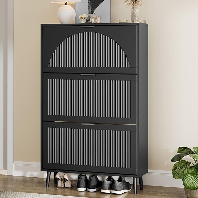 Shoe Storage Cabinet with 3 Flip Drawers, Narrow Wood Shoe Organizer Cabinet with Fluted Panel, Slim Shoe Rack for Entryway, Freestanding Shoe Cabinet for Living Room, Hallway, Black