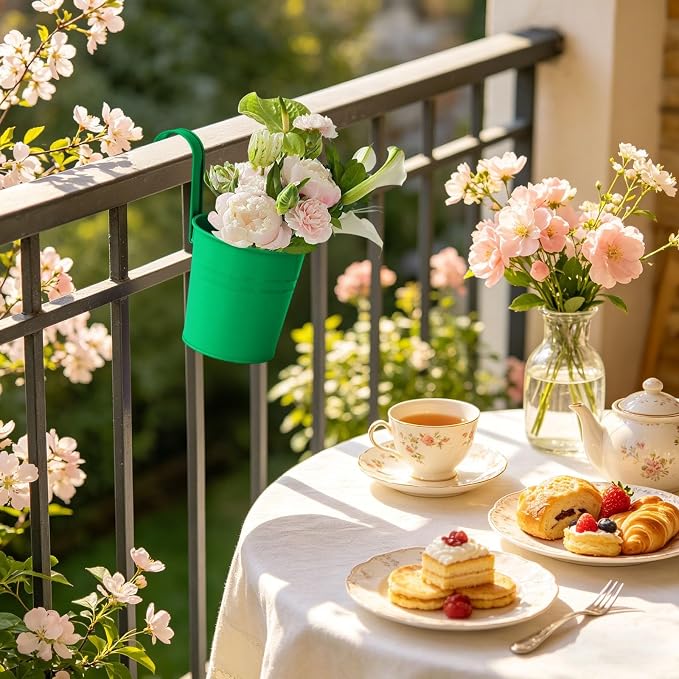 Hanging Flower Pots For Railings, Hanging Galvanized Metal Flower Pot with Hook, Tinplate Hanging Buckets for Garden Balcony Flowers, Colorful Planter for Flowers Grasses and Succulents (Dark Green)