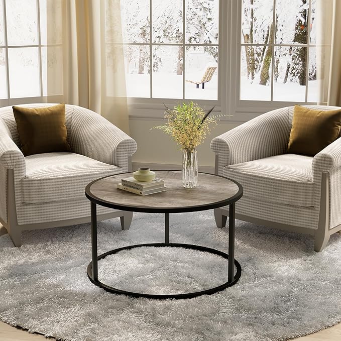 SAYGOER Small Round Coffee Table, Modern Coffee Tables for Living Room, Simple Center Table for Small Space Home Office Gardern, 27.6 × 27.6 × 17.7inch, Grey Wash