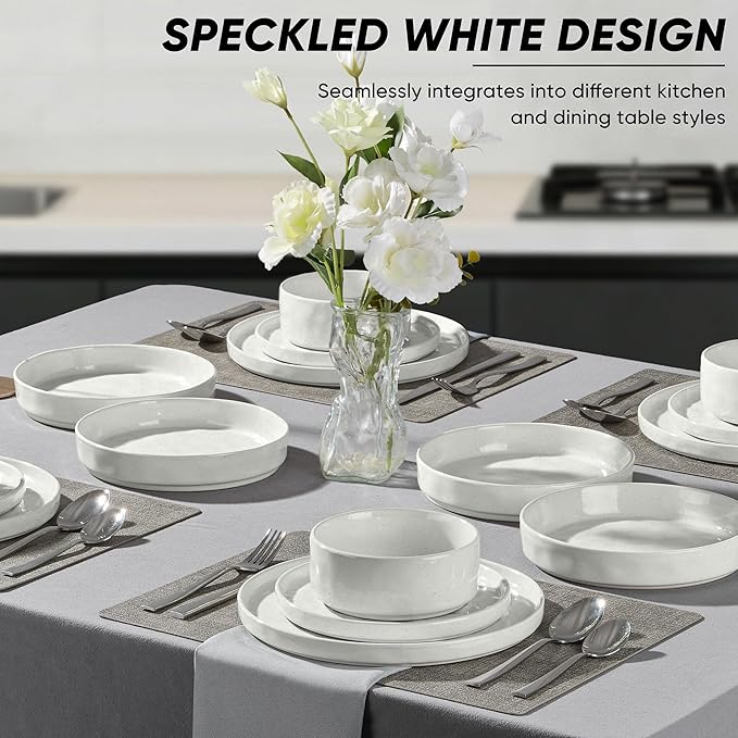E-far 8-Piece Plates and Bowls Sets with Pasta Bowls - Stoneware Dinnerware Set for 2, Modern Ribbed Speckled White Dishes, Microwave & Dishwasher Safe