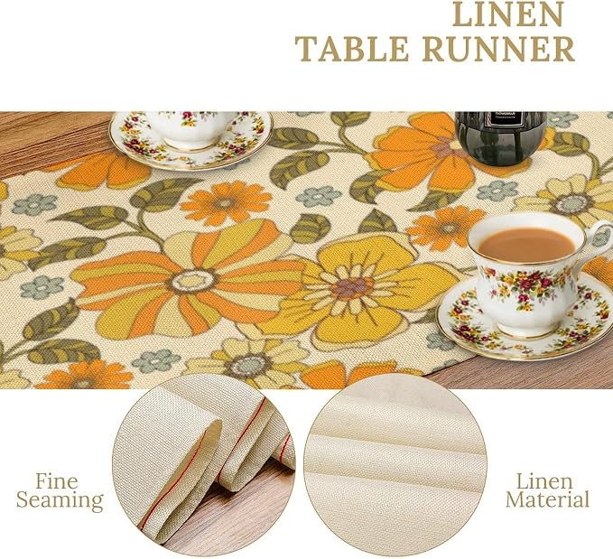 Vintage 60s 70s Floral Table Runner Boho Retro Daisy Flower Hippie Groovy Mid Century Dinner Runner for Home Kitchen Dining Table Party Holiday Decor 13"x90"
