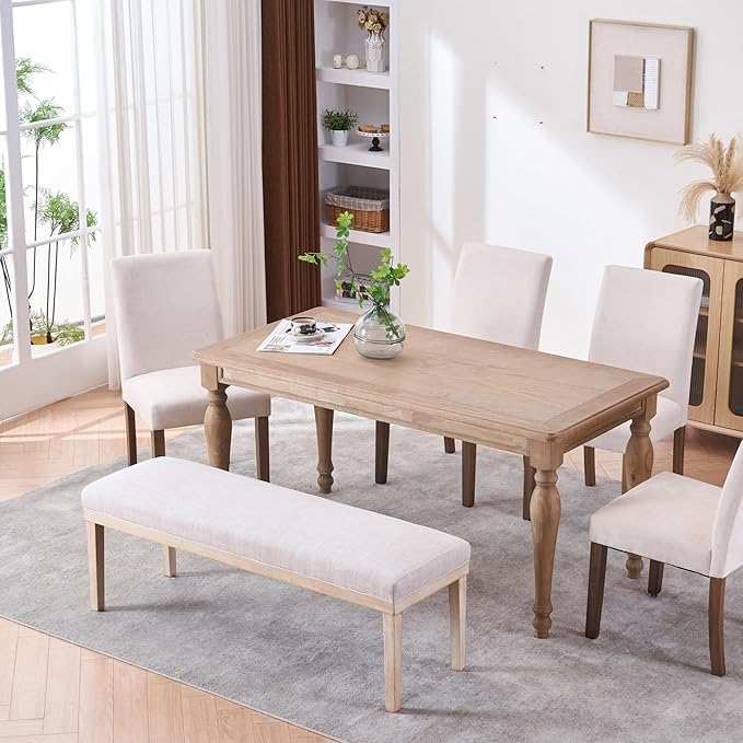Rowill 53 Inch Long Entryway Bench for Bedroom End of Bed, Dining Room Bench with Upholstered Padded Seat and Solid Wood Leg for Kitchen, Living Room, Indoor and Hallway, Beige