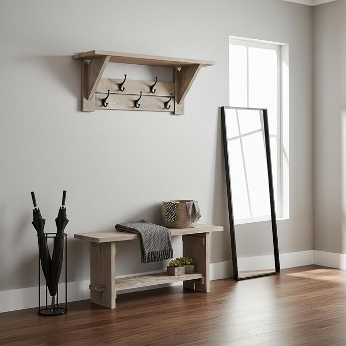 Alaterre Furniture Bethel Wall Mounted Coat Rack & Bench Set – Rustic 40-Inch Entryway Organizer with 5 Coat Hooks, Solid Wood Seat & Storage Shelves for Mudroom or Foyer (Driftwood Finish)