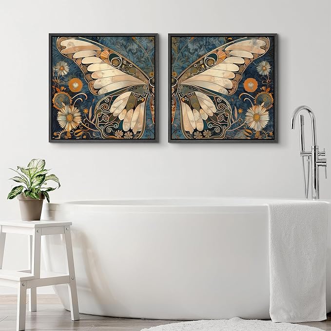 SIGNFORD Framed Canvas Print Wall Art Set Vintage Butterfly Floral and Insect Illustrations Modern Art Minimal Relax/Calm for Living Room, Bedroom, Office - 24"x24"x2 Black