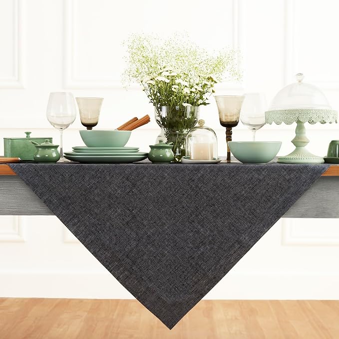 Solino Home Linen Square Tablecloth 52 x 52 Inch - 100% Pure Linen Charcoal Grey Table Throw - Athena, Machine Washable Tablecloth for Summer