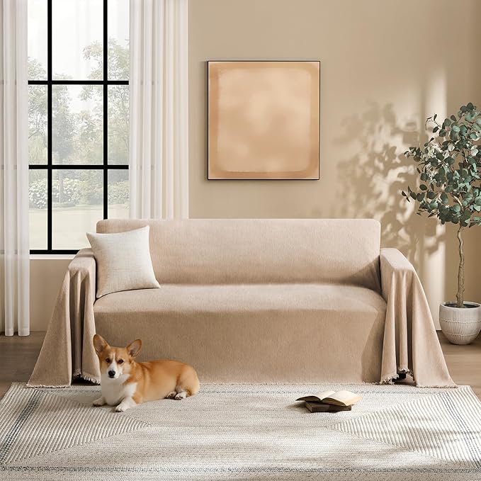 Couch Cover for Dogs Sectional Sofa Covers Washable for 2 Cushion Couch, Chenille Couch Cover Blanket, Sectional Sofa Slipcovers, Multi-Use Furniture Protector for Kids, Pets, 71" X134", Sand