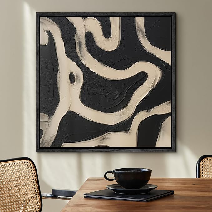 SIGNFORD Framed Canvas Print Wall Art Modern Neutral Abstract Flow Shapes Modern Art Relax/Calm Warm for Living Room, Bedroom, Office - 16"x16" BLACK
