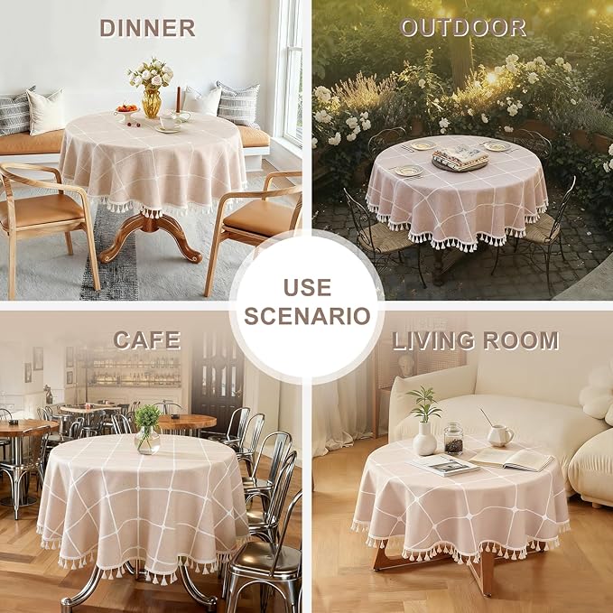 Laolitou Waterproof Tablecloths Rustic Lattice Tablecloth Cotton Linen Coffee Table Cloths for Kitchen Dining,Party,Holiday,Christmas,Buffet, Round, 55", 2-4 Seats