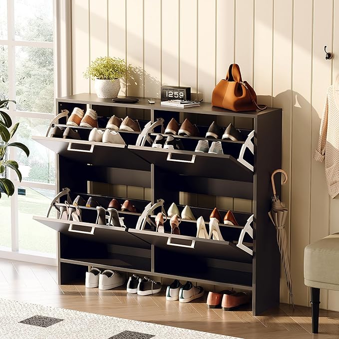 VINGLI Black Shoe Cabinet for Entryway, Ultra Slim Shoe Rack Storage with 4 Flip Drawers, Modern Narrow Shoe Organizer for Hallway, Hidden Sneaker Cupboard, 42 Inch Wide
