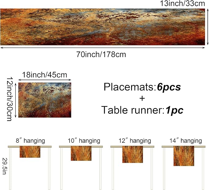 Brown Rust Table Runner and Place Mats Set of 6 Abstract Colorful Metal Steel Iron Rusty Stain Linen Dining Mat Sets Washable Vintage Splash Messy for Home Table Decorations 70 Inches Long