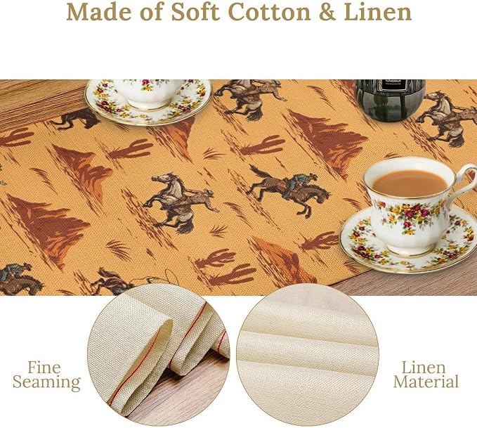 Retro Western Cowboy Table Runner, Rustic Wild West Rodeo Horses Cactus Desert Print Table Decoration for Kitchen Dining Home Party Birthday Decor, 13x36 Inch