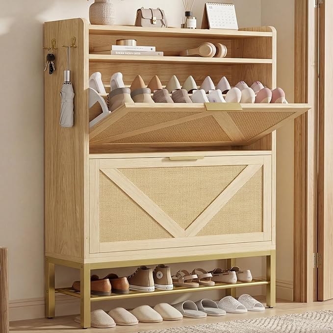 IRONCK Shoe Cabinet with 2 Flip Drawers, 48.3" H x 34.2" W x 10.2" D, Rattan Shoe Storage Organizer Cabinet with 4 Side Hooks, Free Standing Narrow Shoe Rack Cabinet for Entryway, Natural Oak