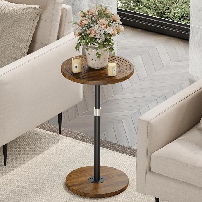 Asgolion Round Small Side Table, Adjustable-Height Drink Table, Pedestal Martini Stand, Weighted Base Cocktail Table Accent Nightstand for Living Room, Bedroom, Bathroom, Office, Walnut