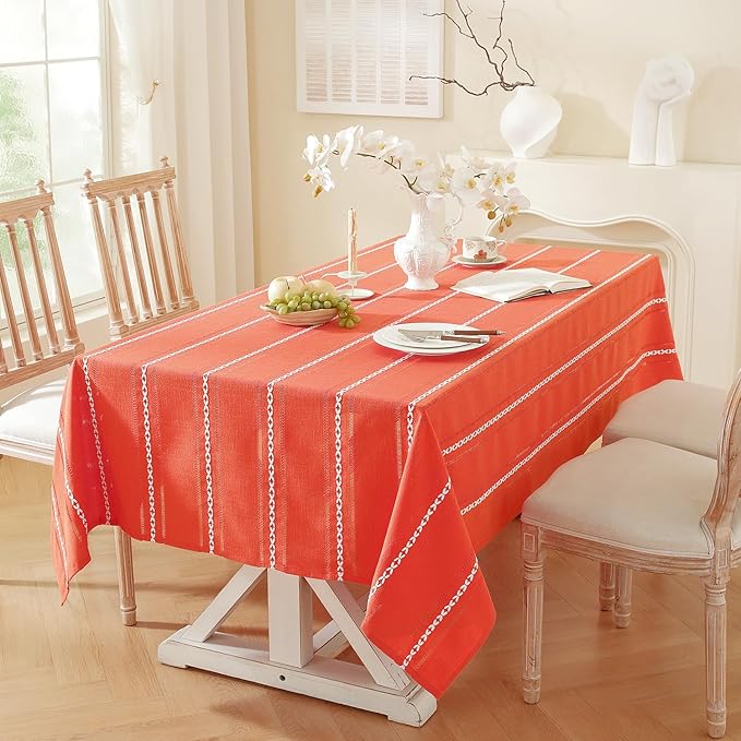 Chassic 60 x 104 inches Farmhouse Style Linen tablecloths, Wrinkle Resistant Washable Dining Room Table Cloths for 6 Foot Rectangle Tables - Hemstitch Maple Orange