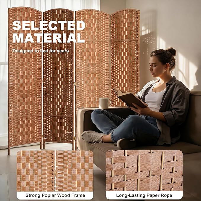 HOMCOM Room Divider 4 Panel, 6FT Tall Folding Privacy Screen, Freestanding Hand-Woven Partition for Room Separation with 360° Hinges, Paper Rope Diamond Weave, Natural