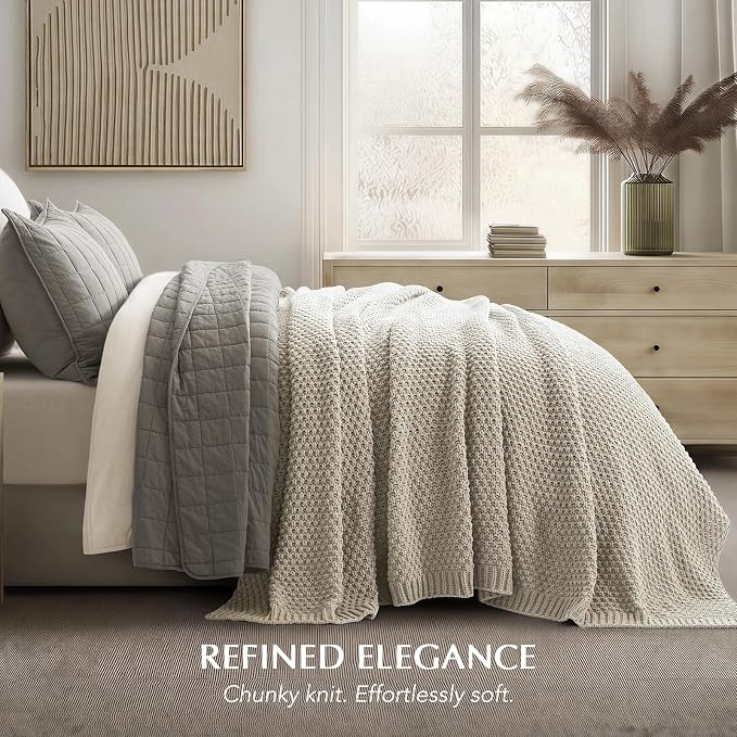 EVERGRACEHOME Chunky Chenille Knit Throw Blanket for Couch, Soft Luxurious Oversized Queen Moss Stitch Blanket for Bed, Cozy Farmhouse Knitted Throw for Sofa, Warm Gray, 90" x 90"