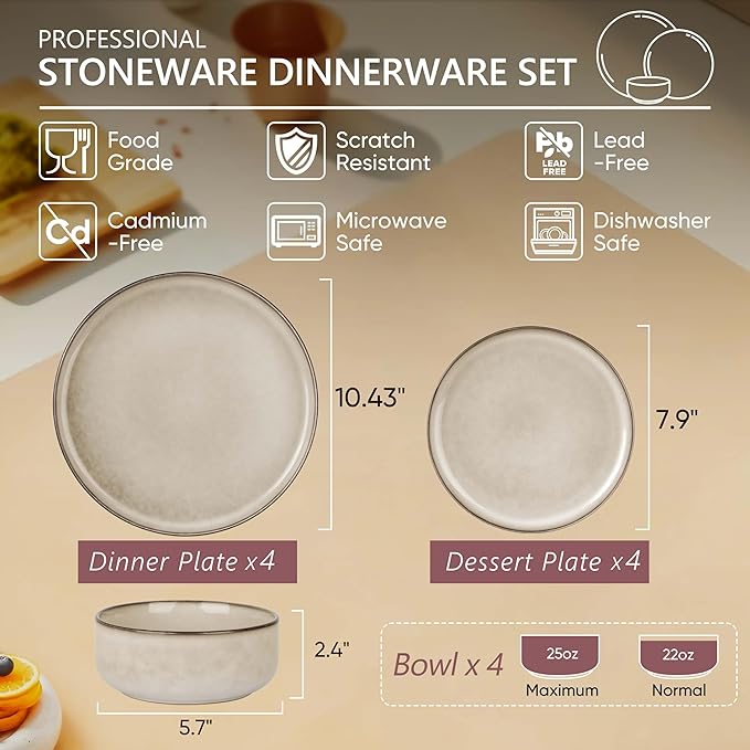 Herogo Stoneware Plates and Bowls Sets for 4, 12 Pieces Modern Round Dinnerware, Reactive Glaze Dishes Set for Kitchen, Chip Resistant, Microwave & Dishwasher Safe, Cream Khaki