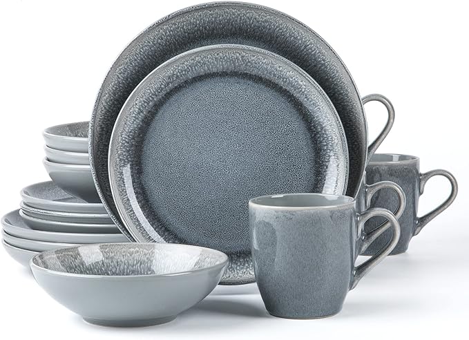 Arora FAIT Round Stoneware 16pc Dinnerware Set for 4, Dinner Plates, Side Plates, Cereal Bowls, Mugs - Reactive Glaze Grey (448158)