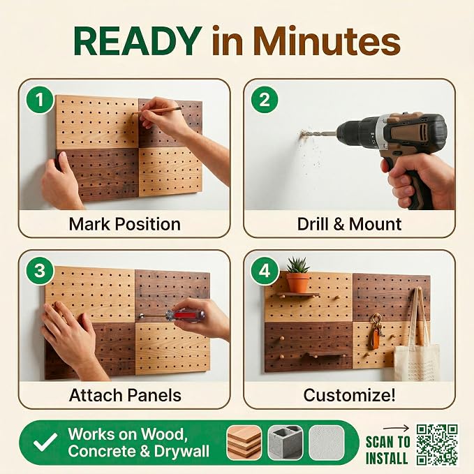 Wooden Pegboard Wall Organizer Kit – Modern Density Wood Peg Board with Shelves & Hooks – 2 Tone Natural & Brown Wood-Look Wall Organizer for Office Setup or Home Decor Storage Rack