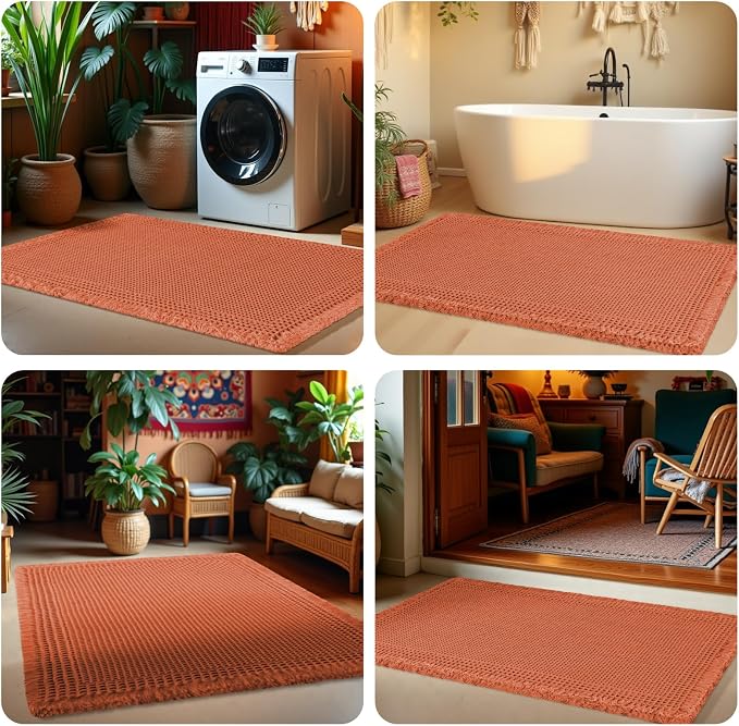 IM HOME Extra Large Waffle Bath Mat, Boho Bathroom Rugs Absorbent Non Slip, Ultra Soft Bathroom Mat, Machine Washable Knit Bath Rugs with Herringbones for Bathroom,Bedroom,Shower,6'x2', Burnt Orange