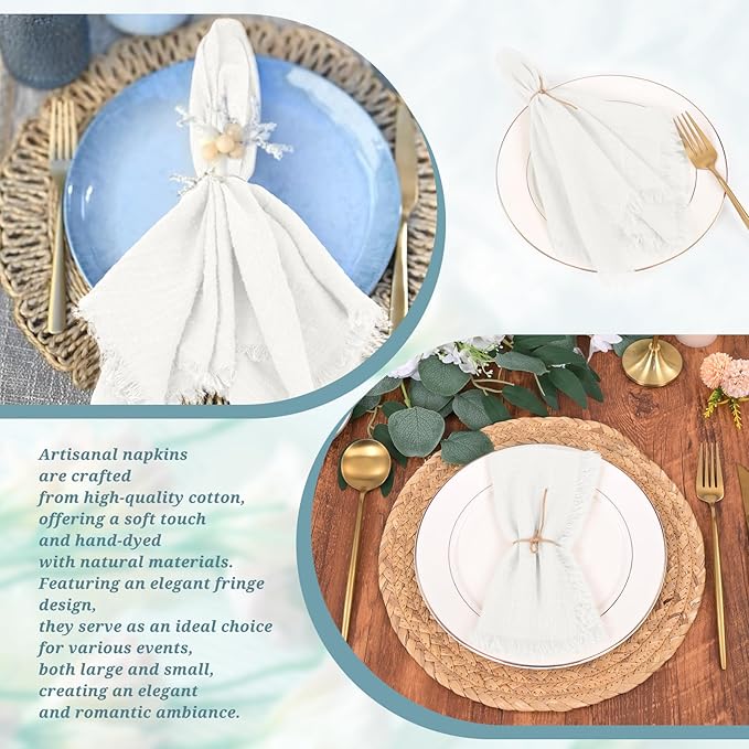 30 Pack White Cloth Napkins Cotton Linen Napkins with Fringe 16 x 16 Inch Soft Handmade Napkins Cloths Delicate Washable Rustic Dinner Napkin Cloths for Wedding Party Dinner Table Decor