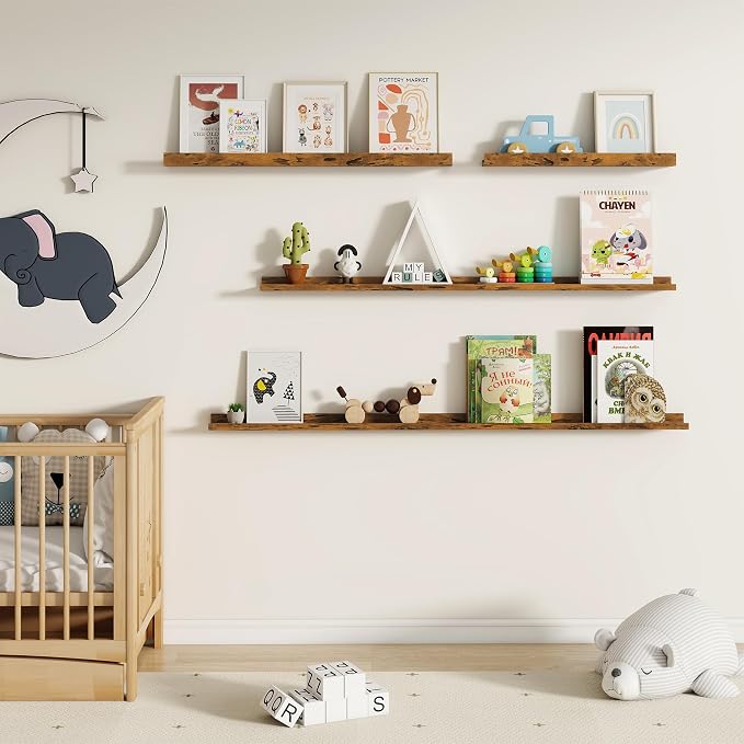 Fun Memories Picture Ledge Shelf, 32 Inch Floating Shelves Set of 2, Large Nursery Book Shelves for Toys Storage, Kids Bookshelf Wall Mounted for Wall Decor Books Photo Frames, Rustic Brown
