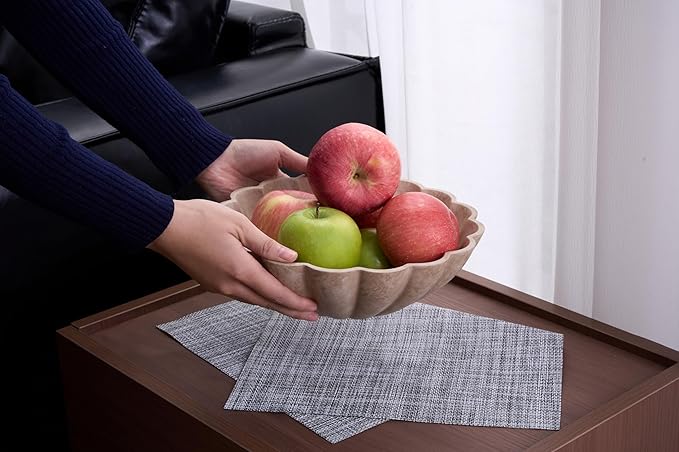 Large Decorative Bowl, Modern Storage Bowls for Home Decor, Artificial Stone Beige Color, Stylish Decorative Fruit Bowl for Kitchen Counter, Key Bowl for Entry Table, Ruffle Decor