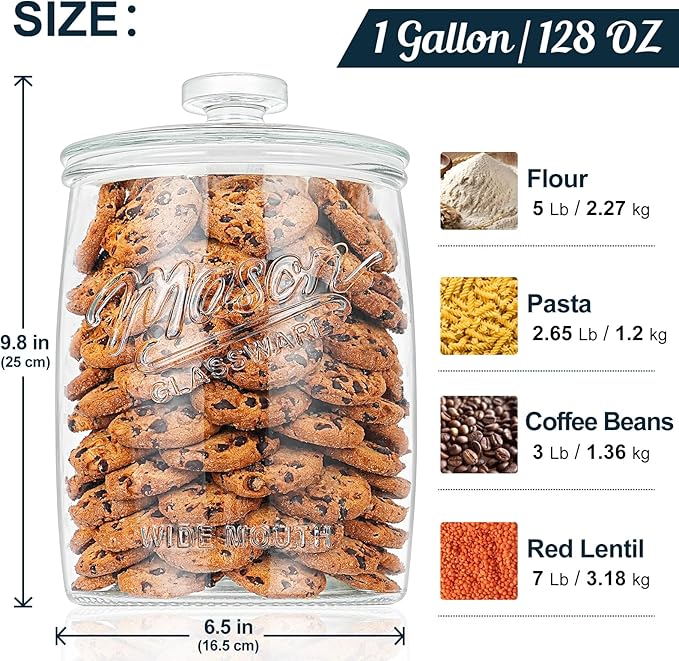 1 Gallon Glass Cookie Jar with Airtight Lid, Wide Mouth Mason Jar for Pantry & Laundry Room Organization, Large Apothecary Jars for Sugar, Candy, Rice, Dog Treat & Food Storage Jar– Set of 1