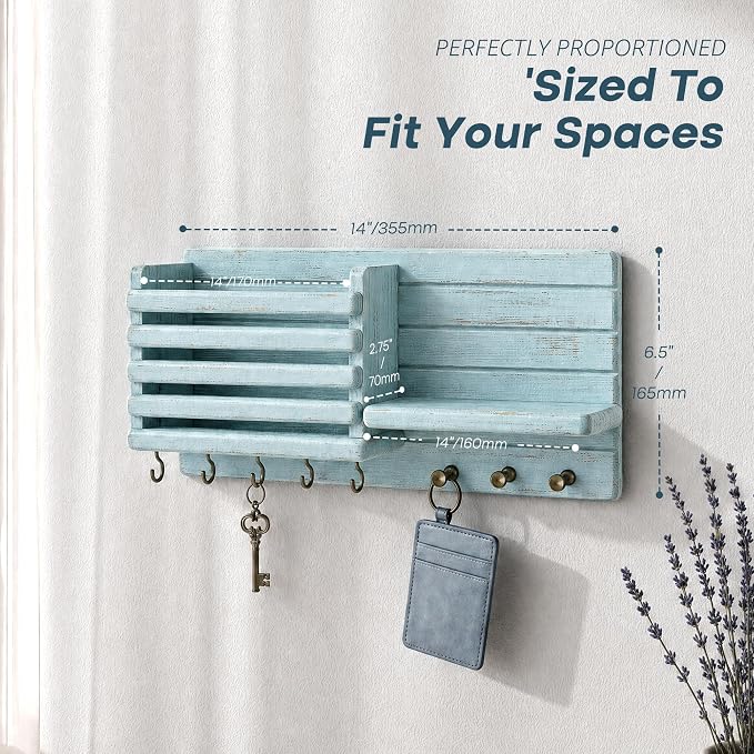 Rebee Vision Pine Wood Key Holder Wall Mount for Home Decor - Rustic Key Holder for Wall with 8 Hooks & Mail Slot – Farmhouse Wall Organizer for Entryway, Home Storage & Apartment Decor (Blue)