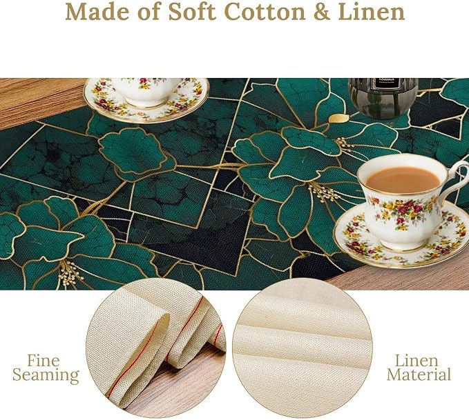 Emerald Marble Table Runner, Dark Green Abstract Flowers Accent Table Runner for Kitchen Dining Party Wedding Decor, 13x120 Inch