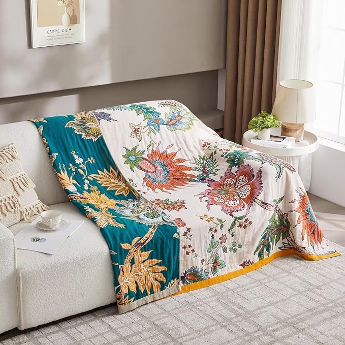 Boho Throw Blanket for Bed 100% Cotton Bohemian Blankets Ultra Soft Woven Muslin Decorative Blankets All Seasons Vintage Quilt Knitted Blanket for Sofa Chair(Beige, 50"x60")