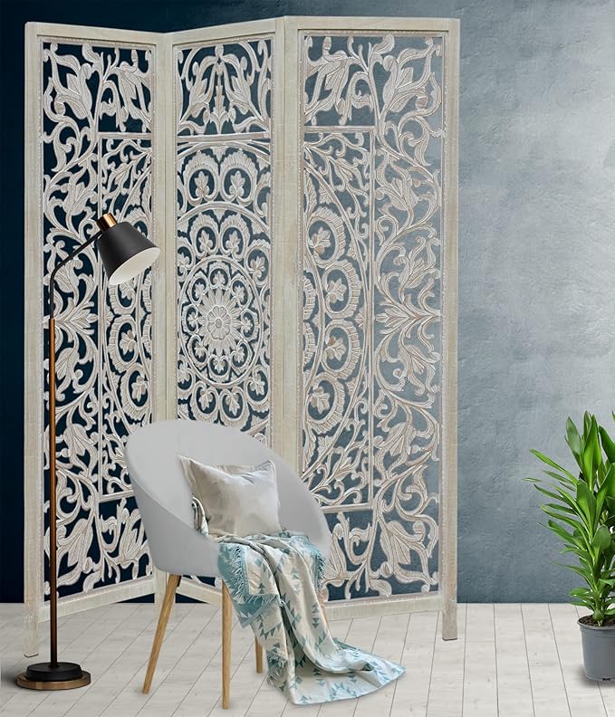 Room Divider Wood Floor Screen - Suzani White Wash 3 Folding Panel 60x72 - Hand Carved Portable Reversible Functional Decorative Screen - Freestanding Boho Small Spaces Privacy Partition -COTTON CRAFT