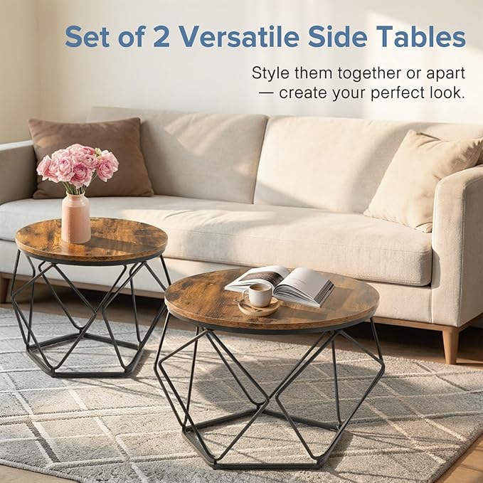 DUMOS Modern Geometric 2Pack Coffee Table, Round Nesting Side Tables with Hidden Storage, Movable End Tables for Living Room Decor & Practical Use Brown